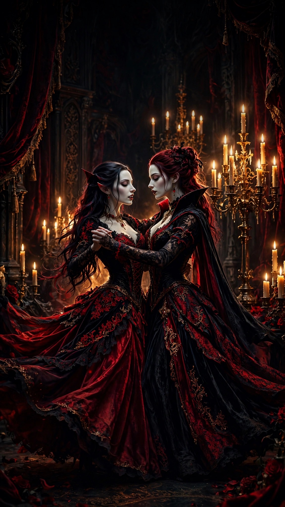 Vampire Ballroom Candelabra Dance scene, vertical dark wallpaper