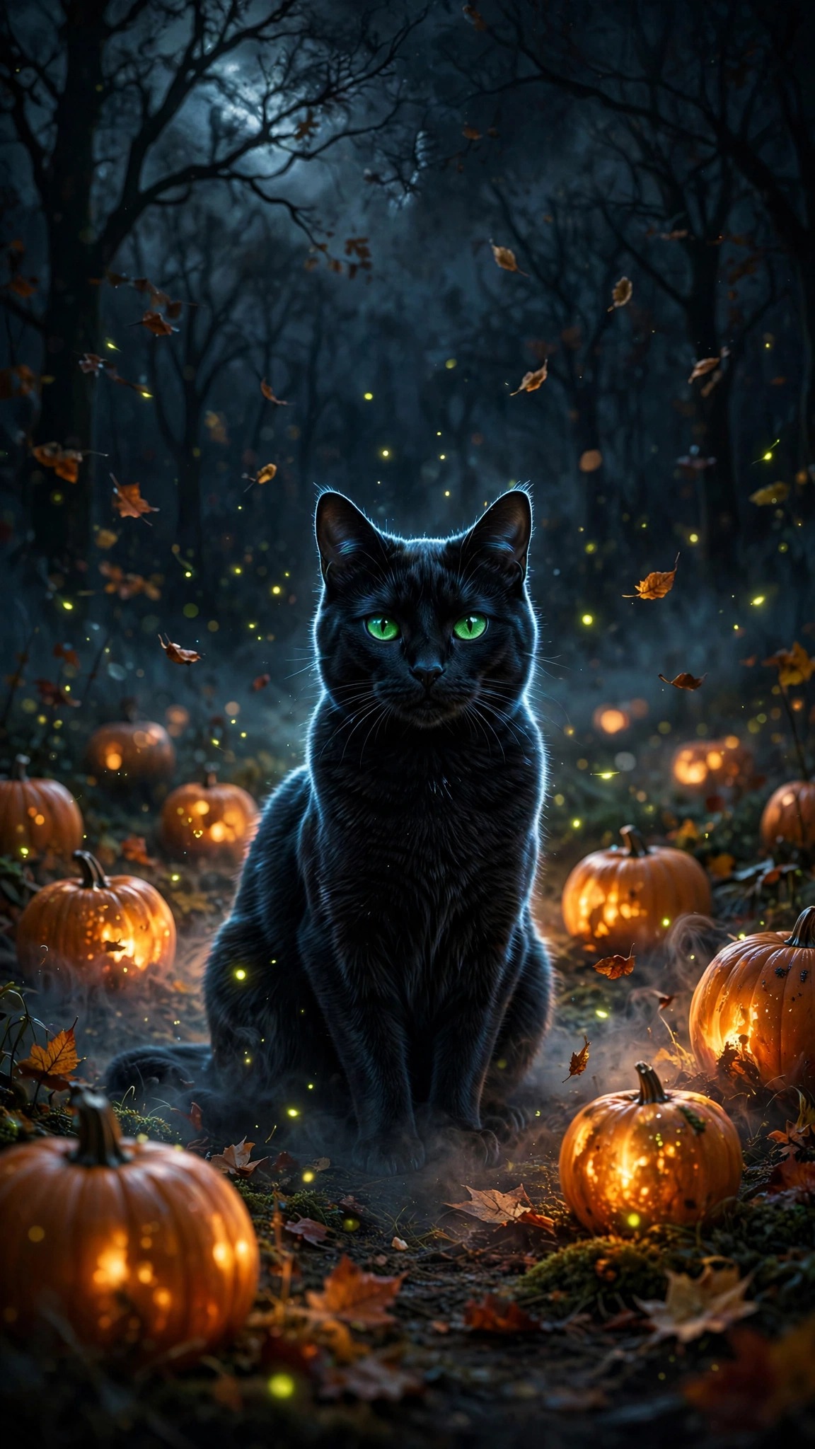 Black Cat Green Eyes Pumpkin Night - vertical dark phone wallpaper