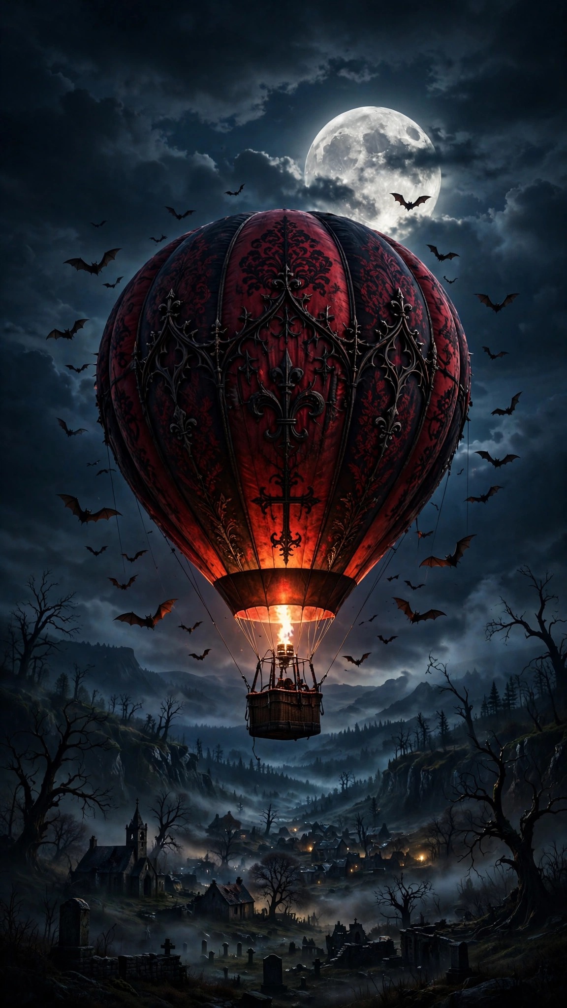 Gothic Hot Air Balloon Moonlit Valley - vertical dark phone wallpaper