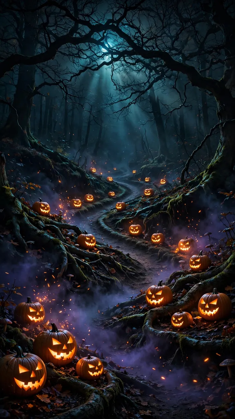 Haunted Jack-o'-Lantern Forest Path - vertical dark phone wallpaper