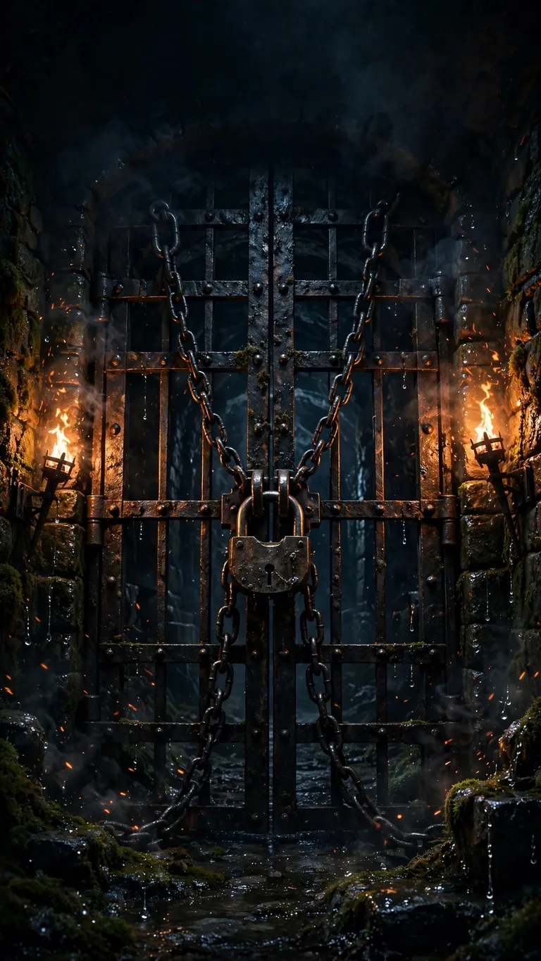 Medieval Dungeon Iron Gate Torchlight - vertical dark phone wallpaper