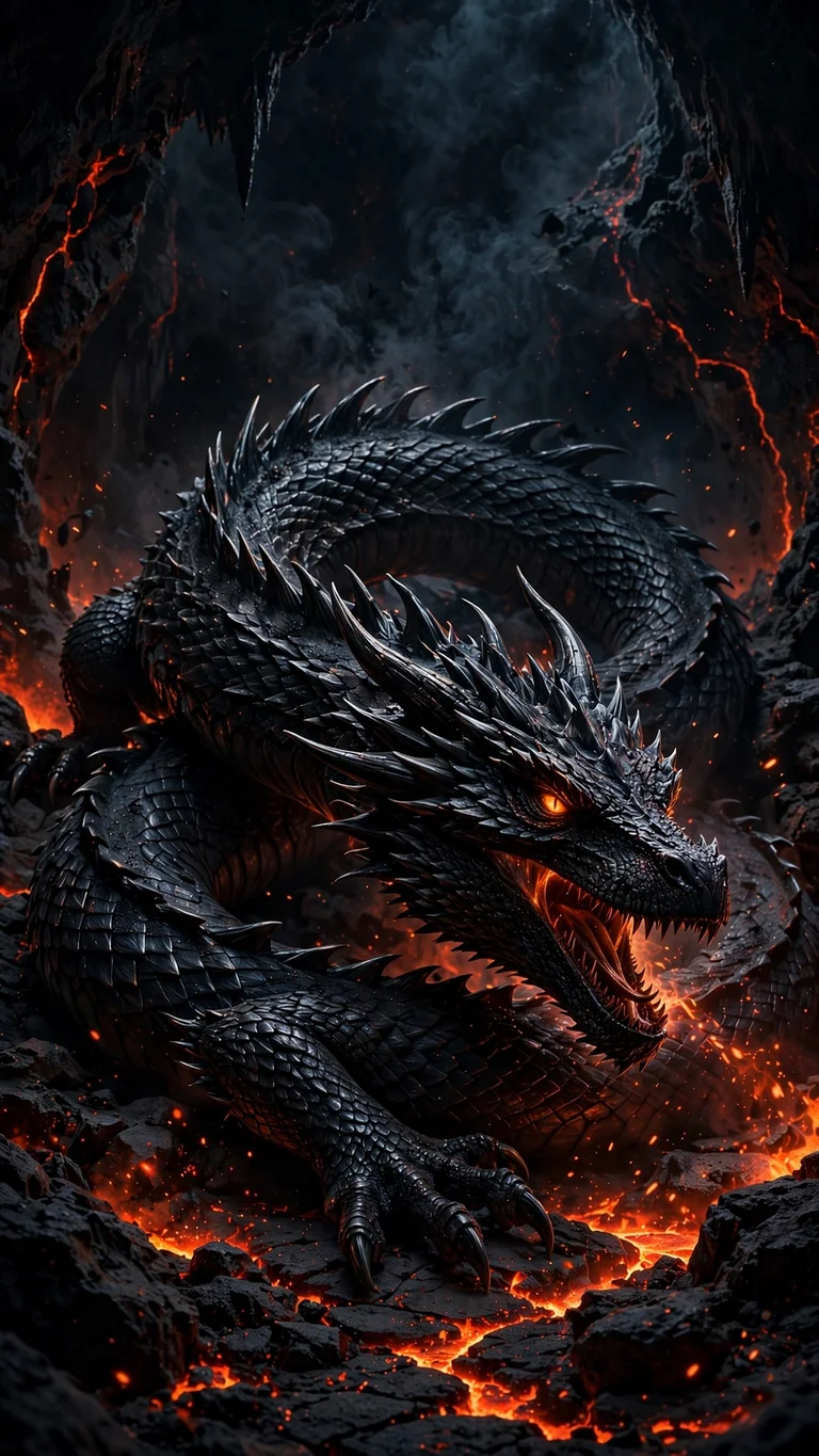 Black dragon with molten eyes coiled in volcanic cave, dark wallpaper