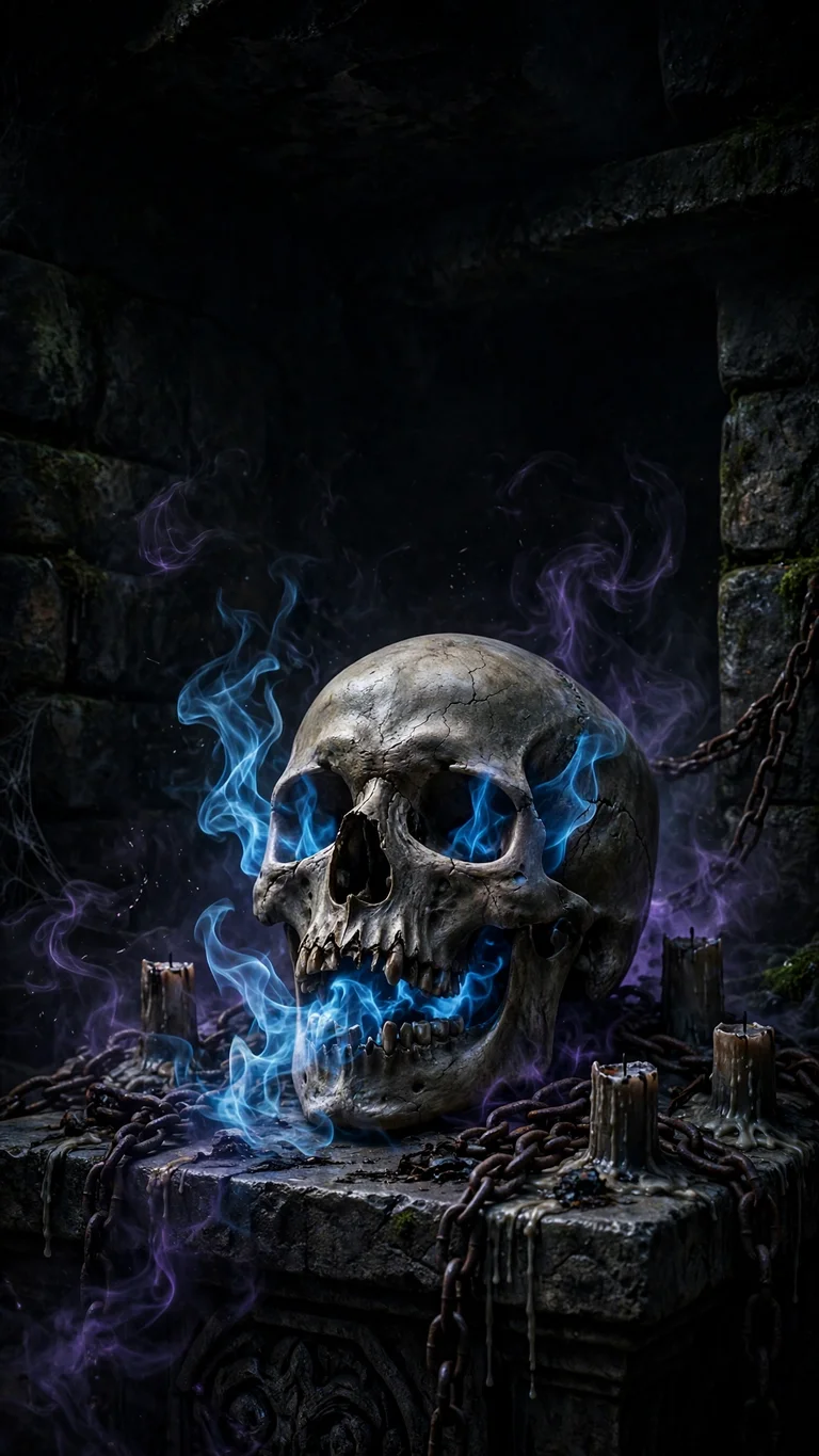 Ancient skull with blue spectral flames on crypt altar, dark wallpaper