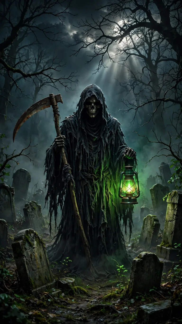 Grim reaper with scythe and green lantern in foggy graveyard, dark wallpaper