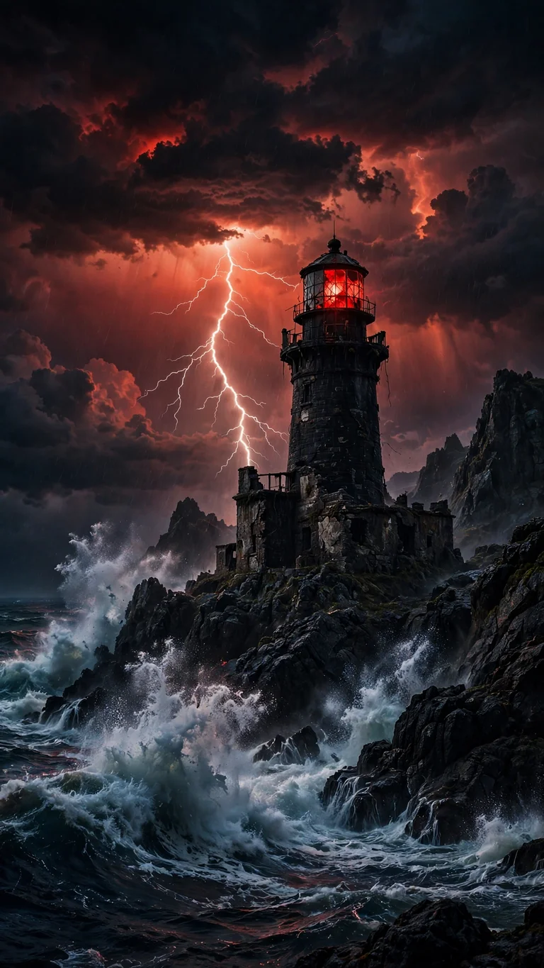 Abandoned lighthouse in red thunderstorm with giant waves, dark wallpaper