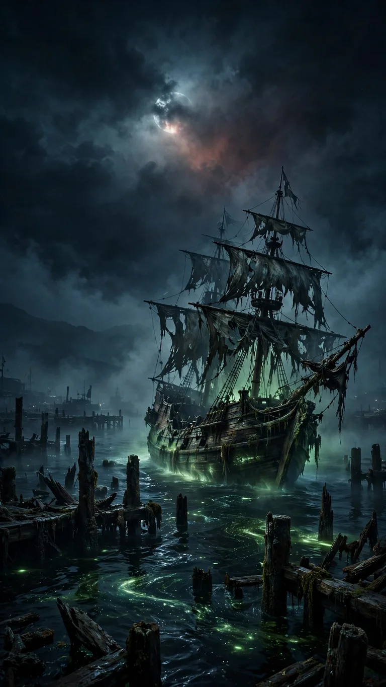 Phantom ghost ship with glowing sails in foggy harbor, dark wallpaper