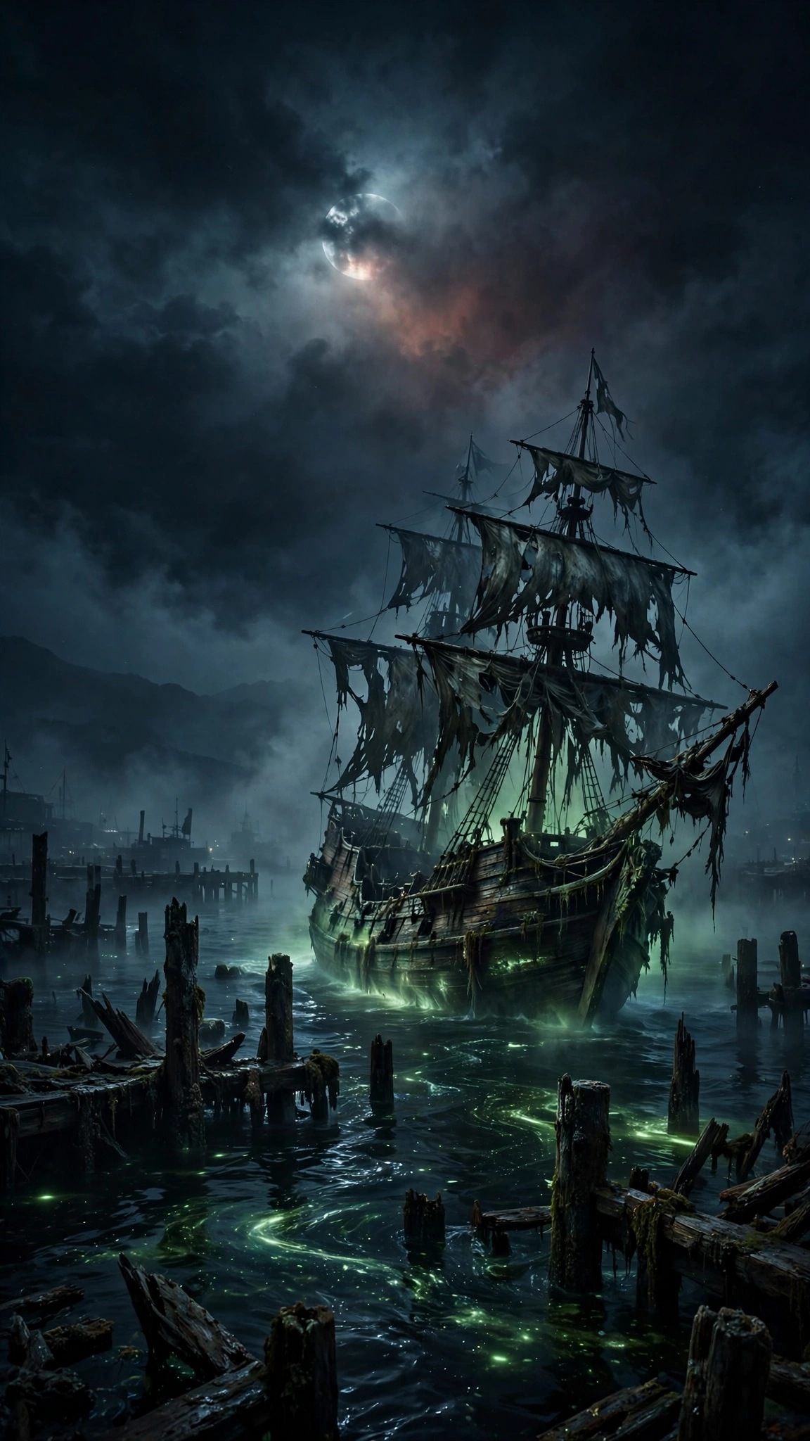 Phantom ghost ship with glowing sails in foggy harbor, dark wallpaper