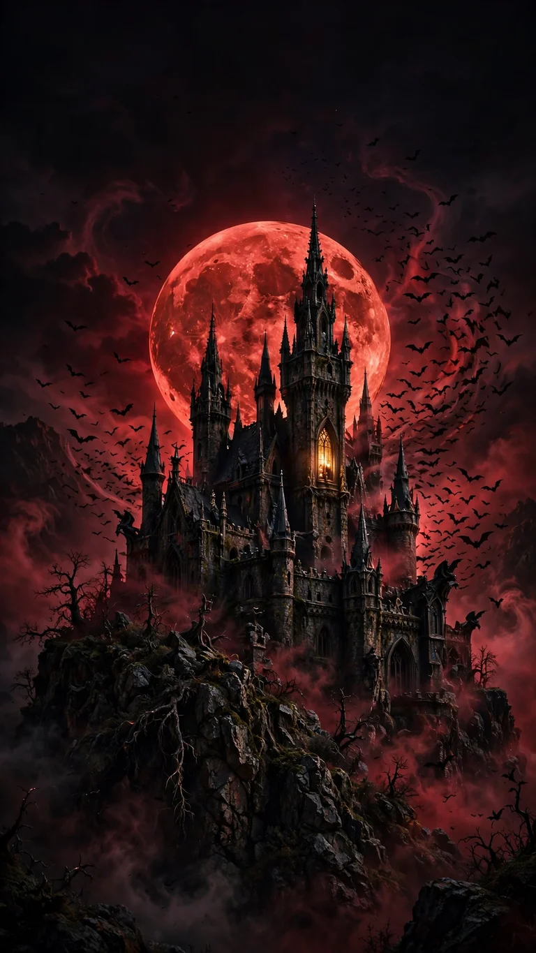 Gothic vampire castle under blood-red moon with bats, dark wallpaper