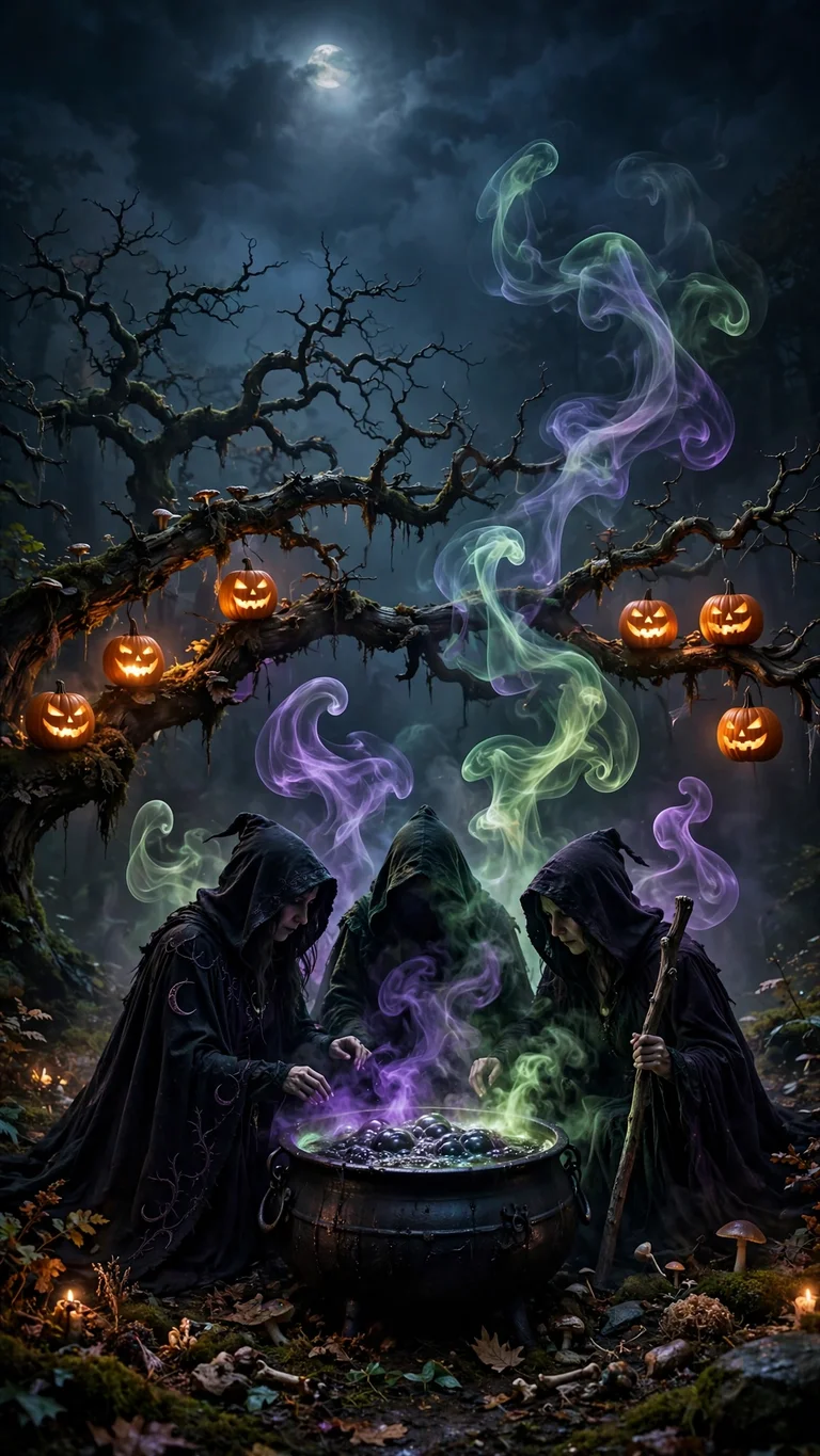 Hooded witches around bubbling cauldron with jack-o-lanterns, dark wallpaper