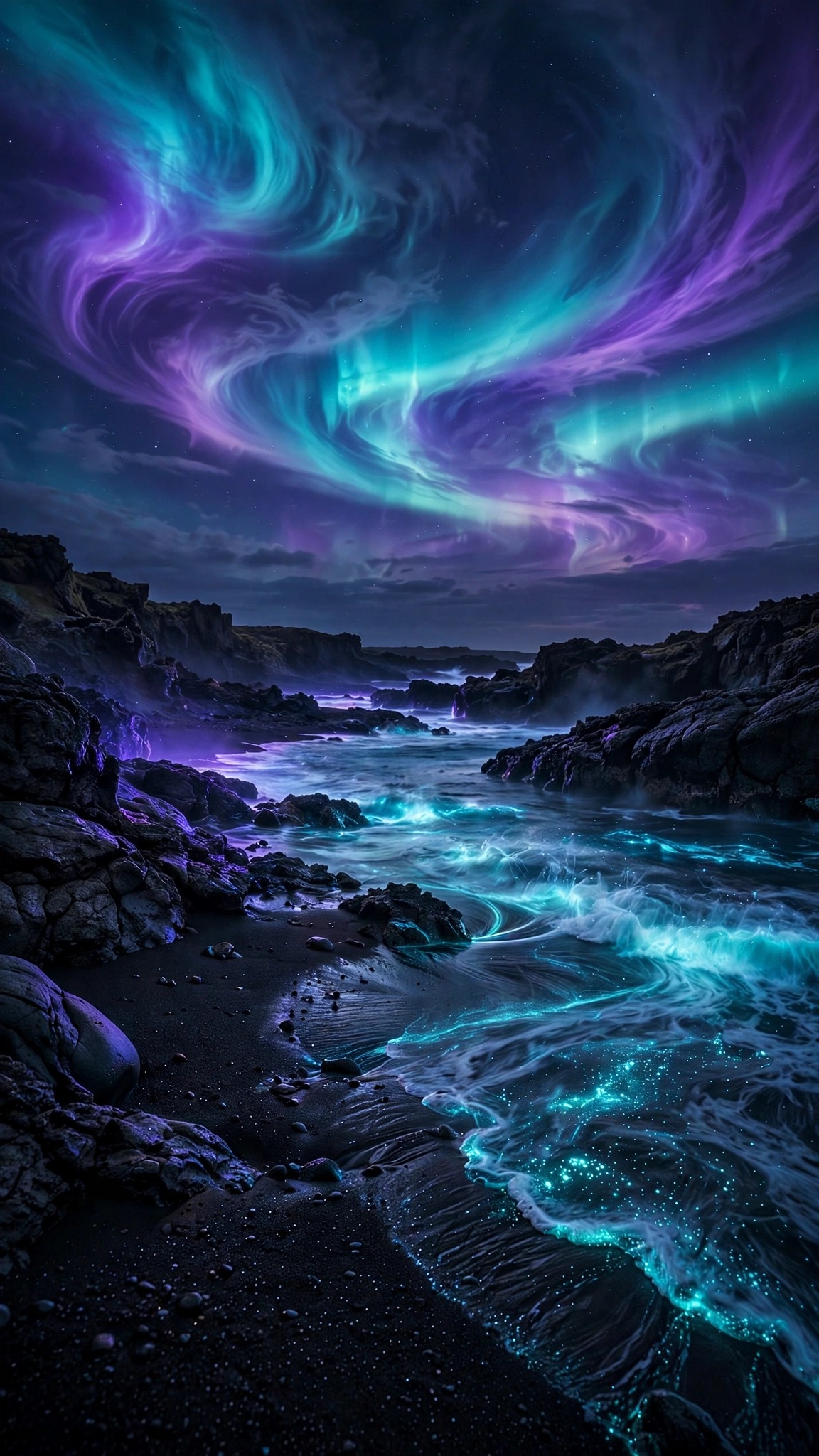 Black volcanic beach under turquoise and violet aurora at night, dark wallpaper