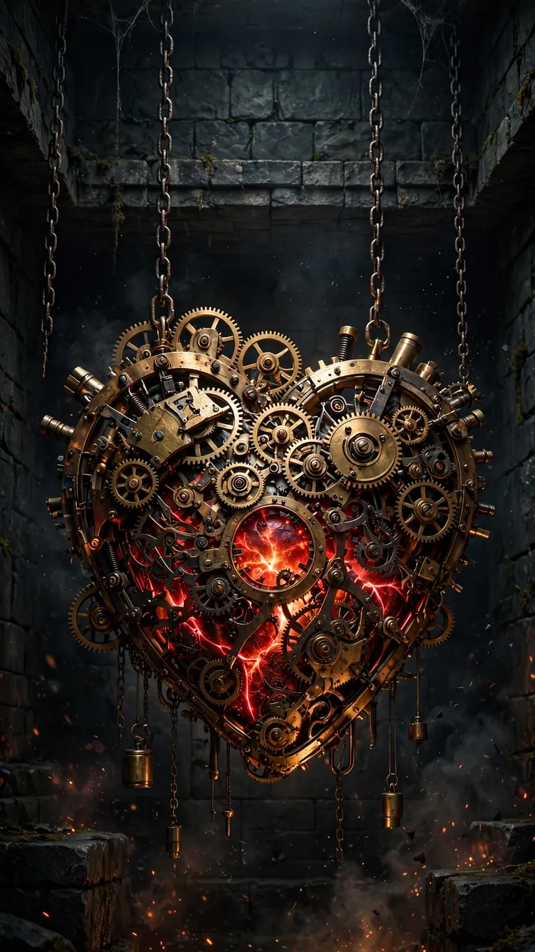 Brass clockwork heart with glowing red core in a dark stone chamber, dark wallpaper