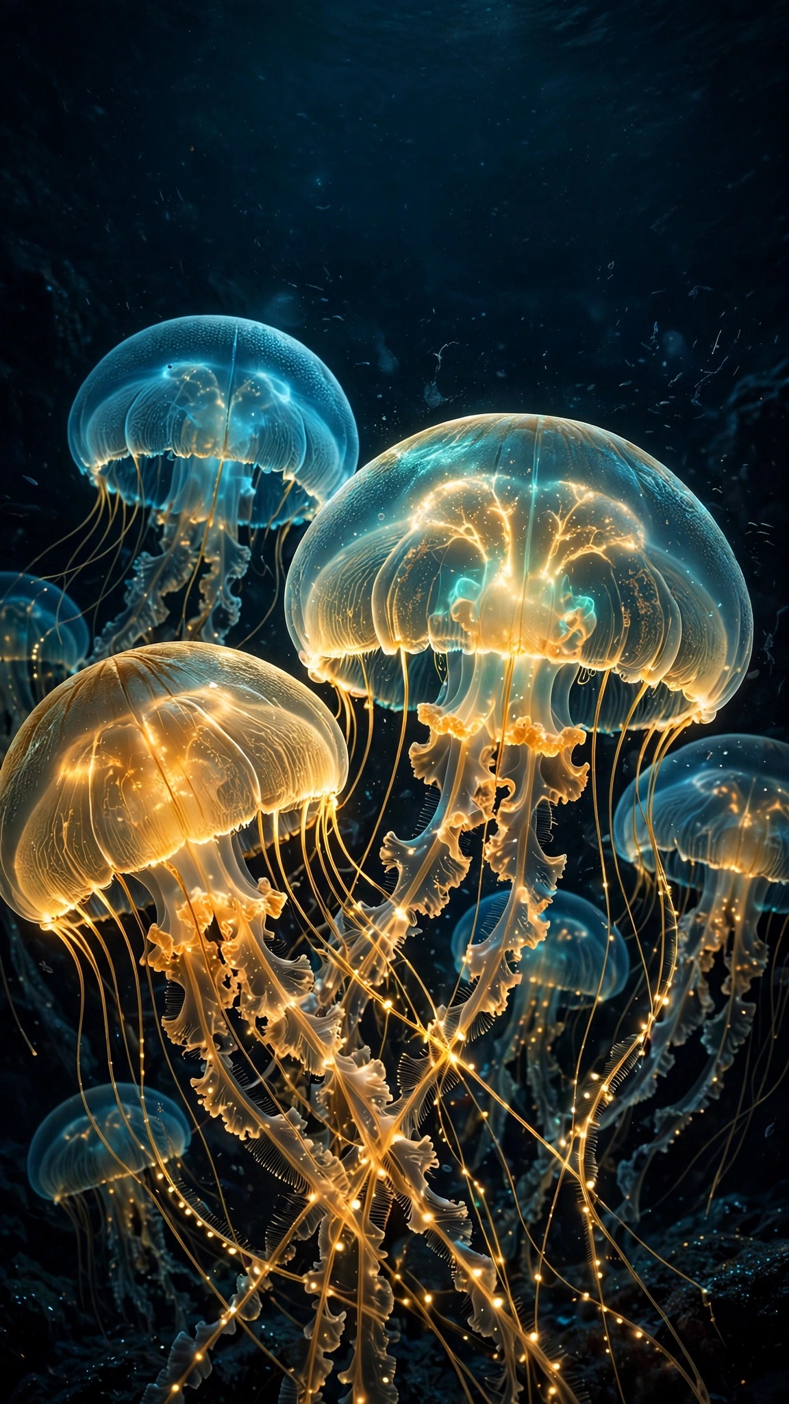 Glowing golden jellyfish drifting through a pitch-black deep ocean trench, dark wallpaper