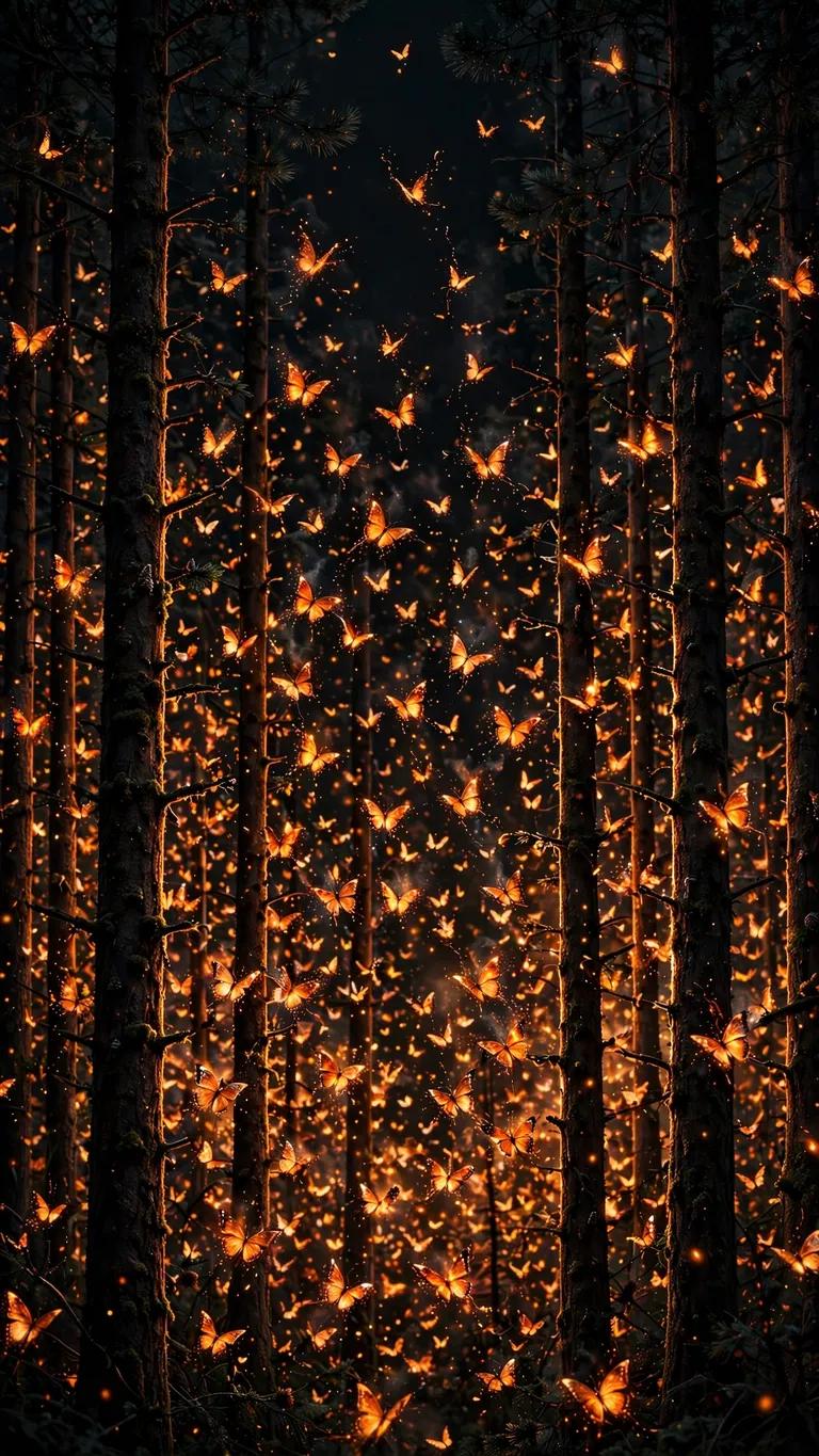 Glowing ember butterflies rising through a pitch-black pine forest at night, dark wallpaper