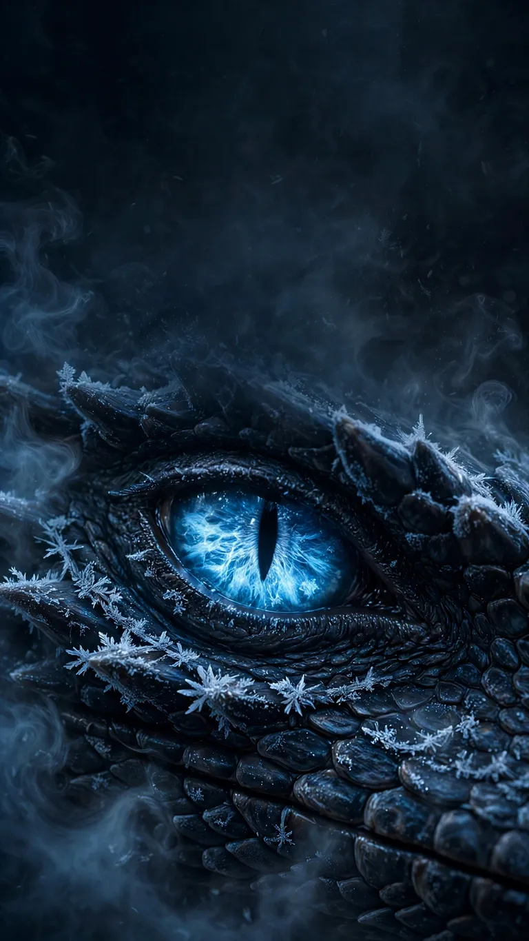 Glowing ice-blue dragon eye macro with frost crystals on dark scales, dark wallpaper