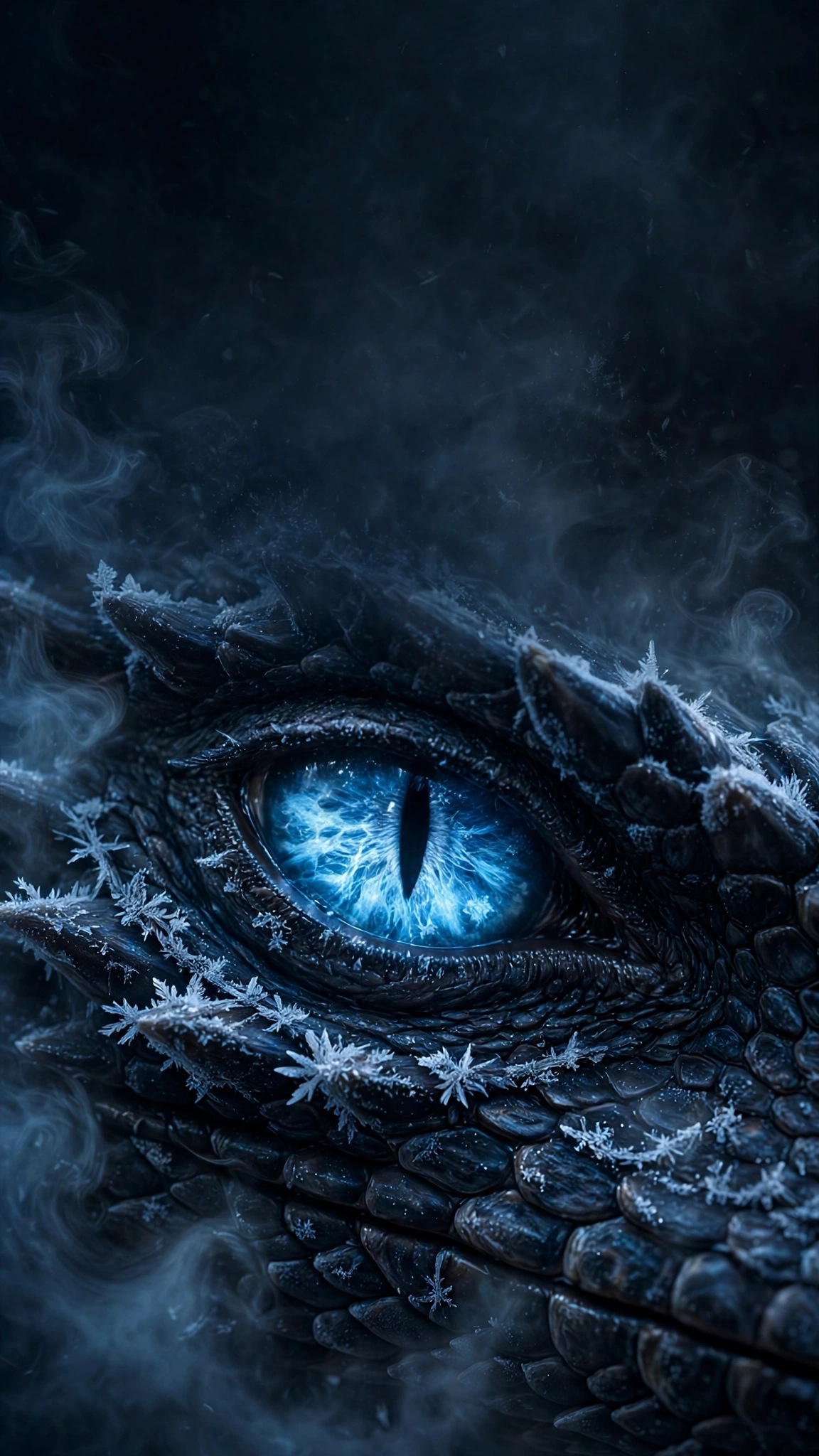 Glowing ice-blue dragon eye macro with frost crystals on dark scales, dark wallpaper