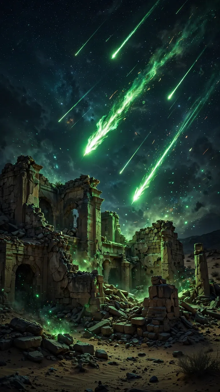 Ancient ruins under green fire meteors in a starry desert night, dark wallpaper