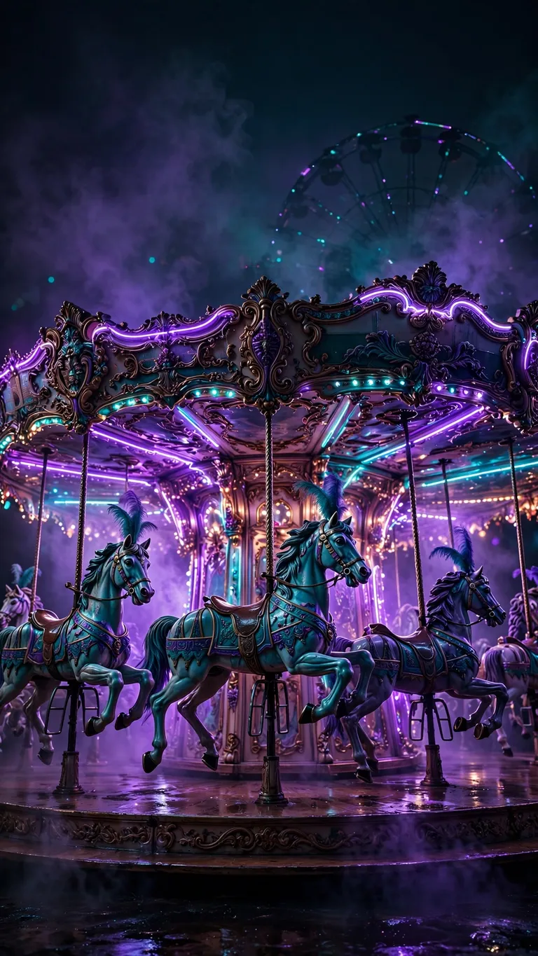 Neon-lit vintage carousel glowing in a pitch-black carnival night, dark wallpaper