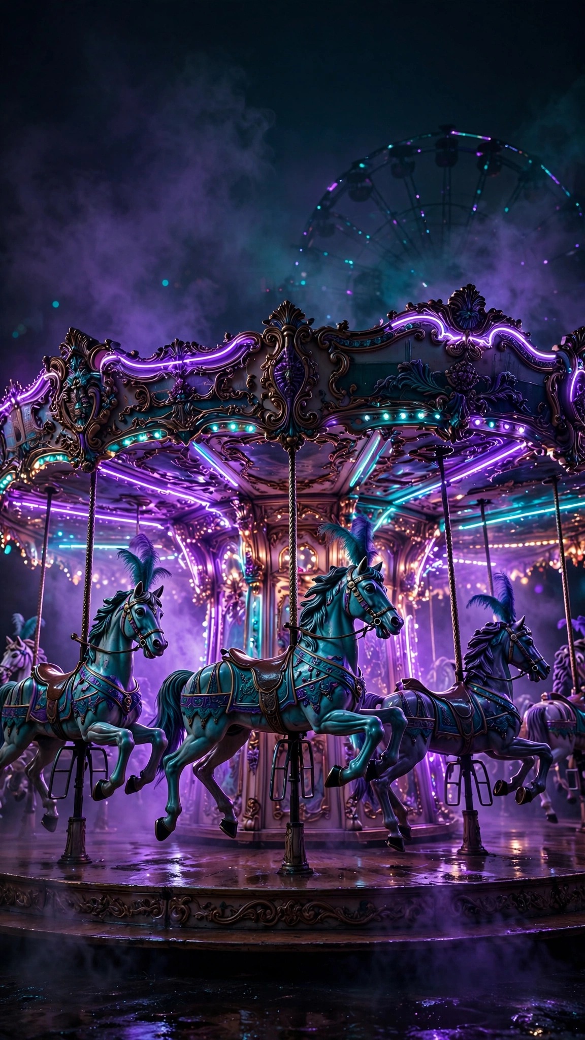 Neon-lit vintage carousel glowing in a pitch-black carnival night, dark wallpaper