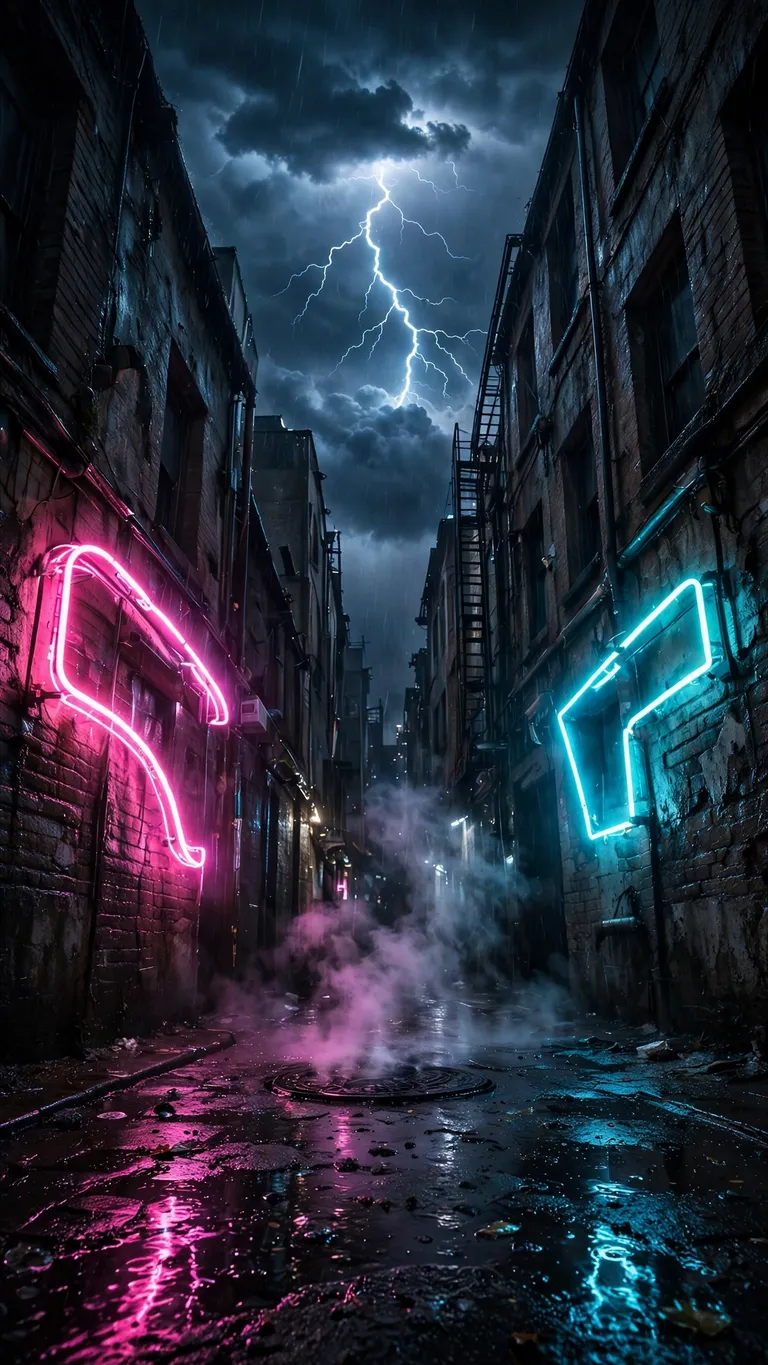 Rain-soaked dark alley with neon signs and lightning storm above, dark wallpaper