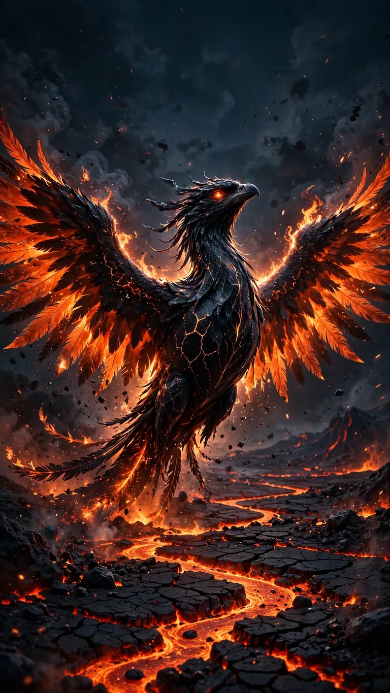 Obsidian phoenix with glowing ember wings rising over lava rivers at night, dark wallpaper