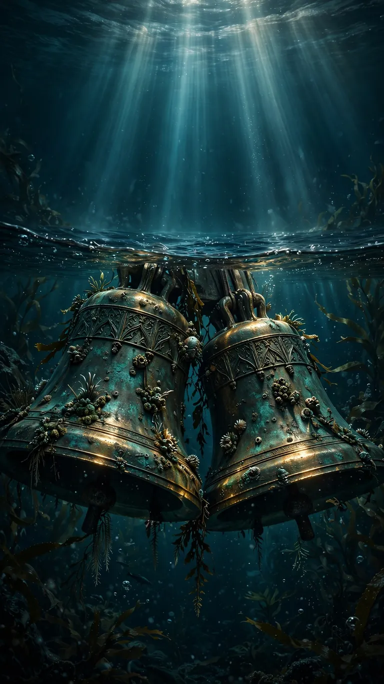 Sunken bronze cathedral bells in dark teal ocean water with light shafts, dark wallpaper
