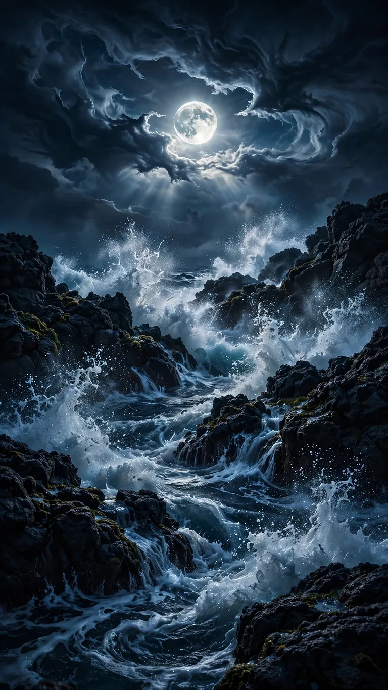 Moonlit waves crashing on jagged black volcanic rocks at night, dark wallpaper