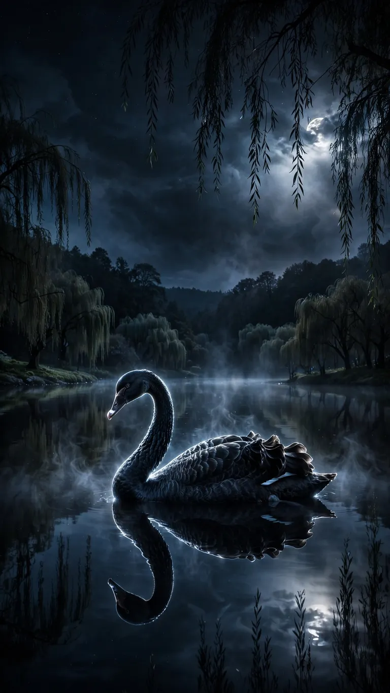 Black swan gliding on a still midnight lake under silver moonlight, dark wallpaper
