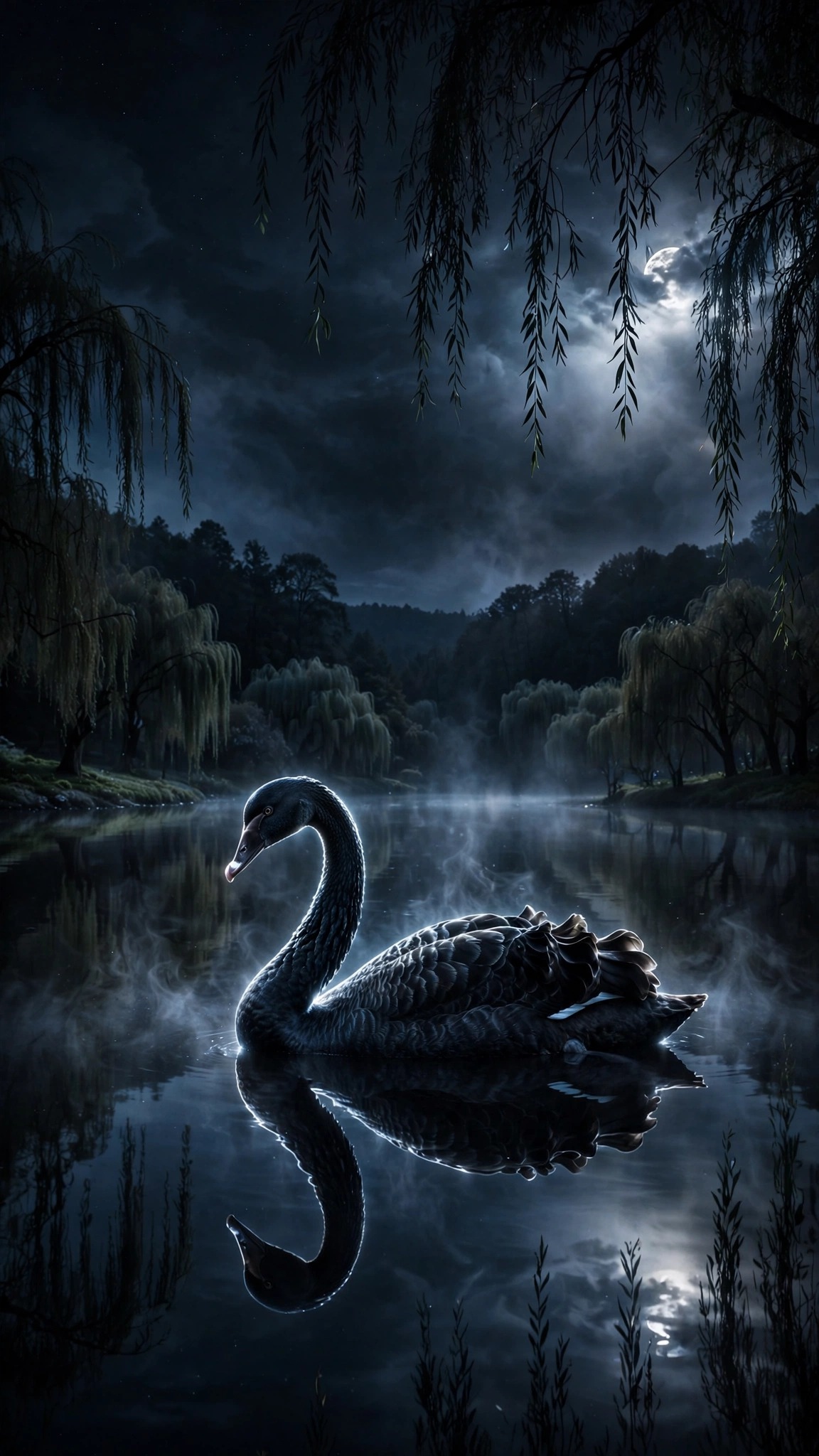 Black swan gliding on a still midnight lake under silver moonlight, dark wallpaper