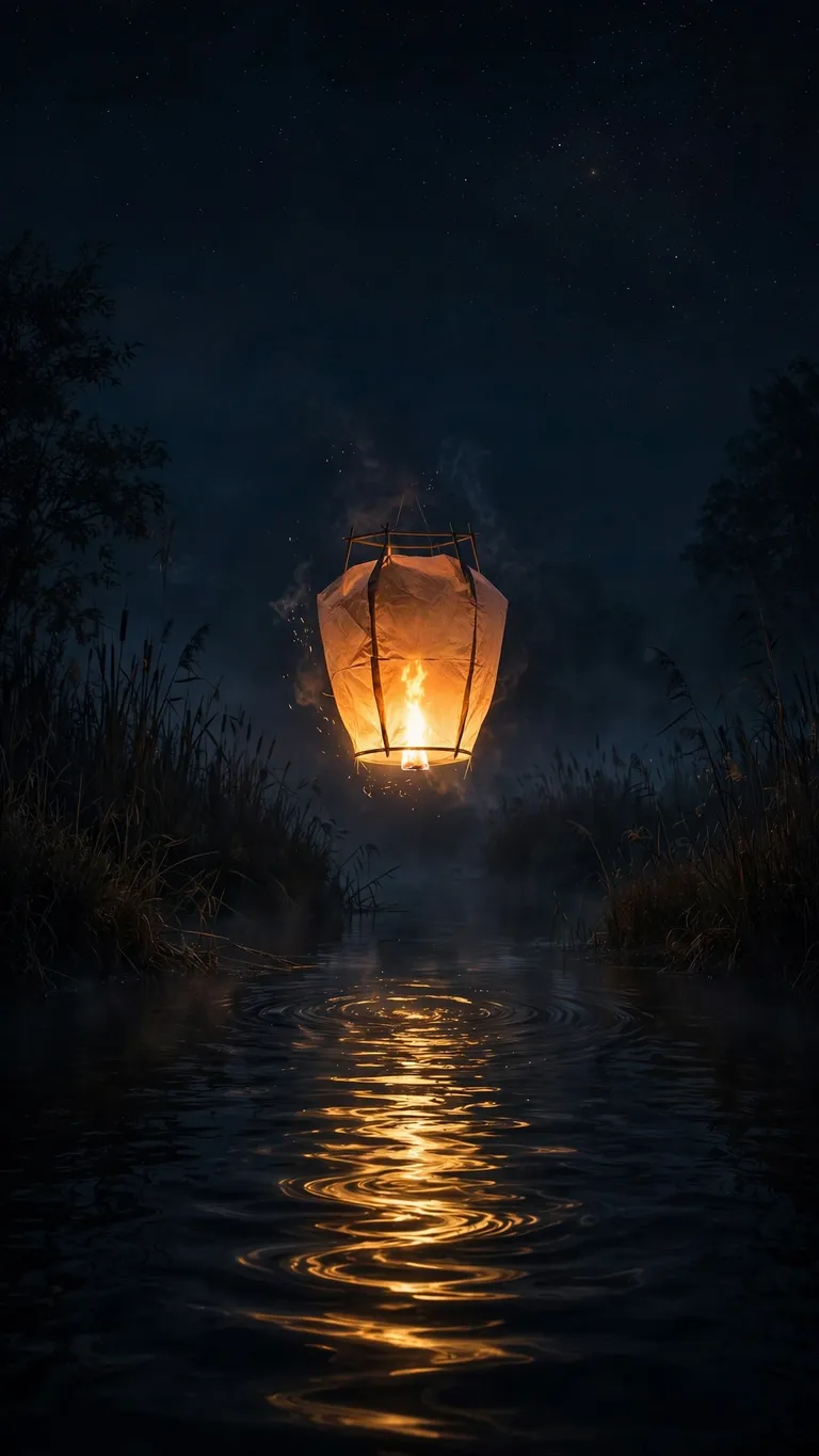 Burning paper lantern floating over a dark river at night with golden reflection, dark wallpaper