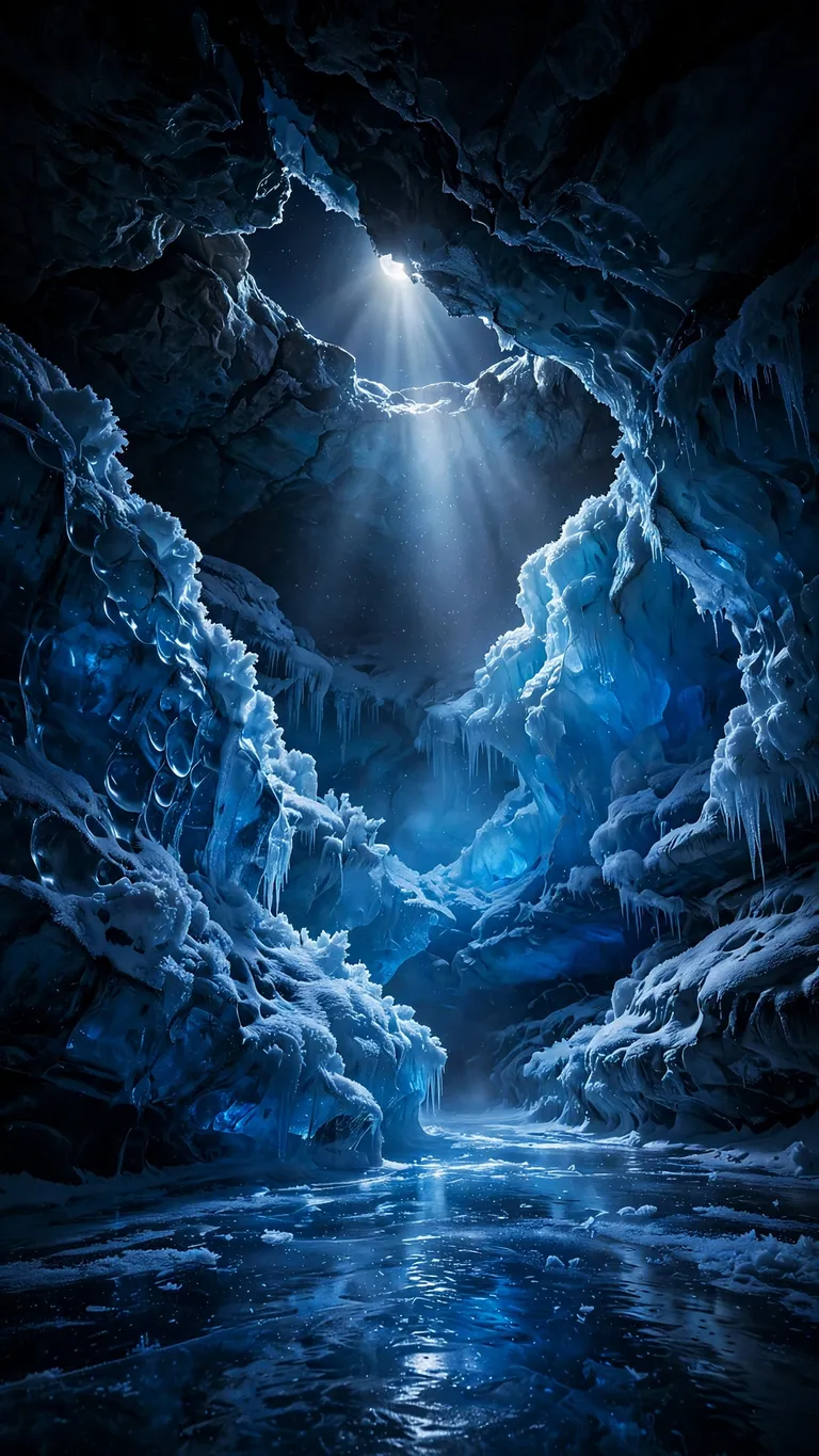 Moonlight streaming into a sapphire-blue glacial ice cave at night, dark wallpaper
