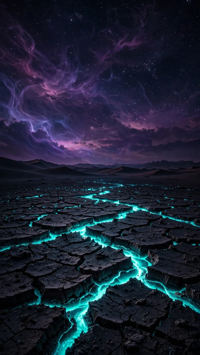 Cracked black desert floor split by glowing turquoise fissures under a starry night sky, dark wallpaper