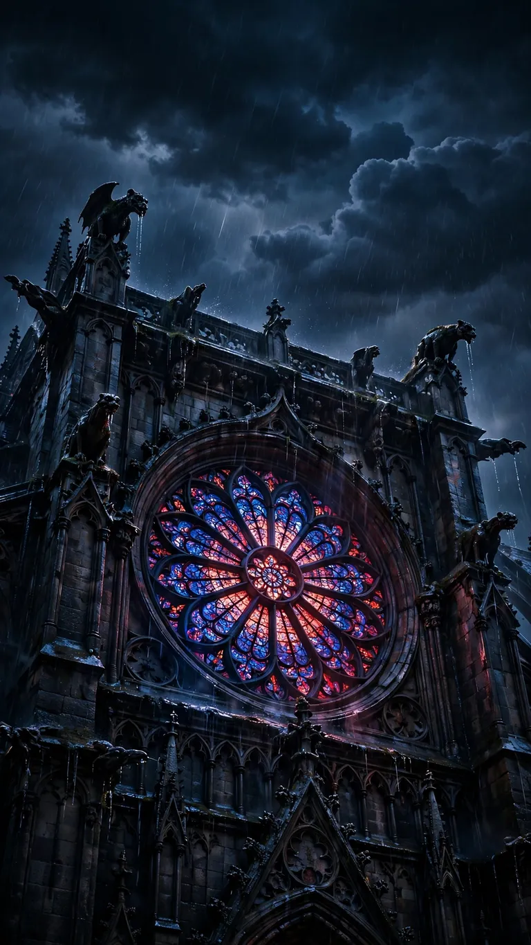 Gothic cathedral rose window glowing blue and crimson in night rain, dark wallpaper