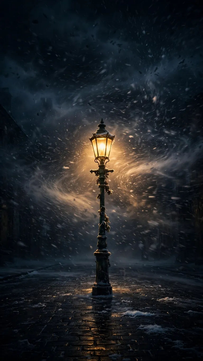 Vintage streetlamp glowing gold in a midnight snowstorm, dark wallpaper
