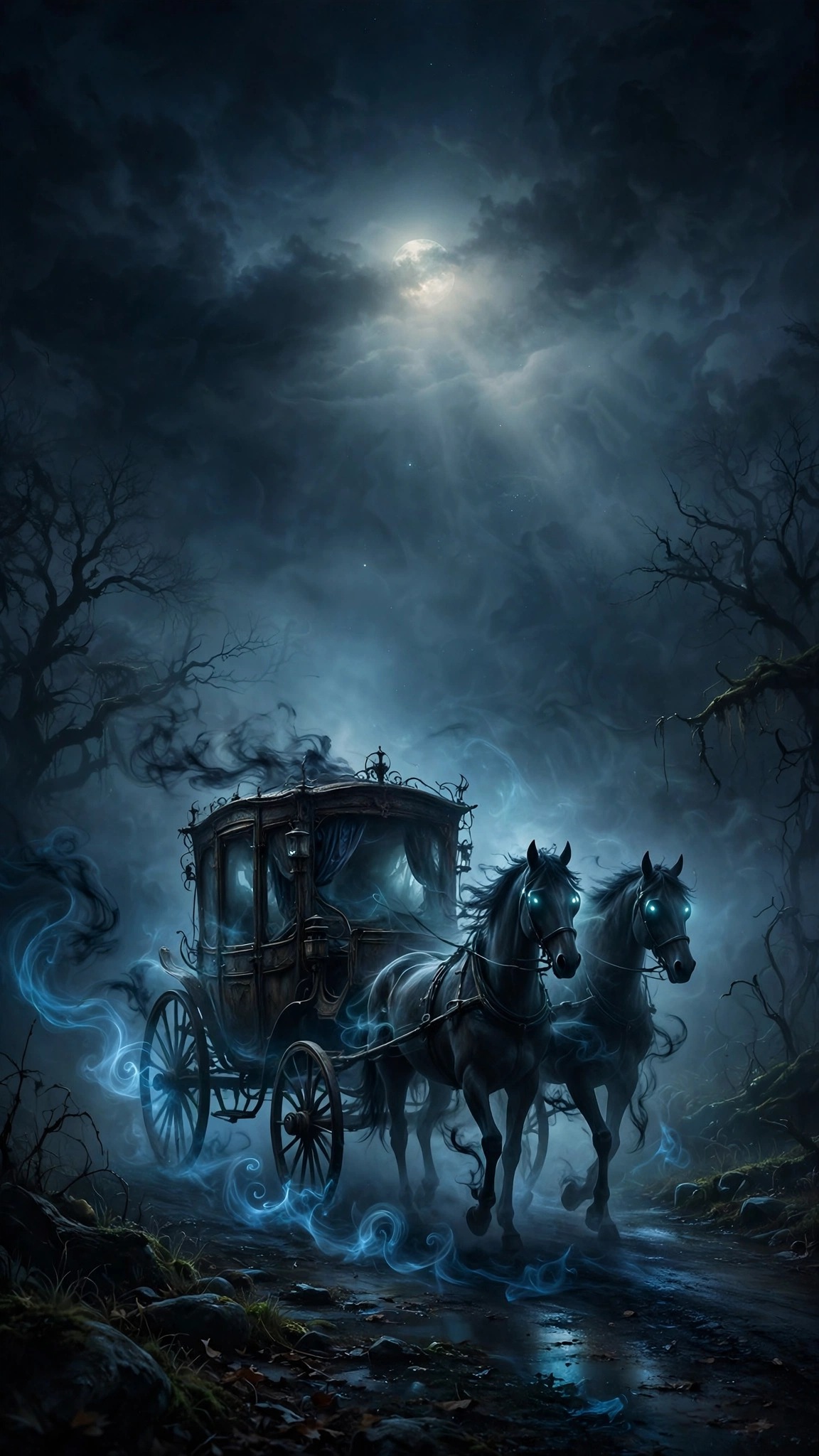 Phantom horse-drawn carriage drifting through night fog under a pale moon, dark wallpaper