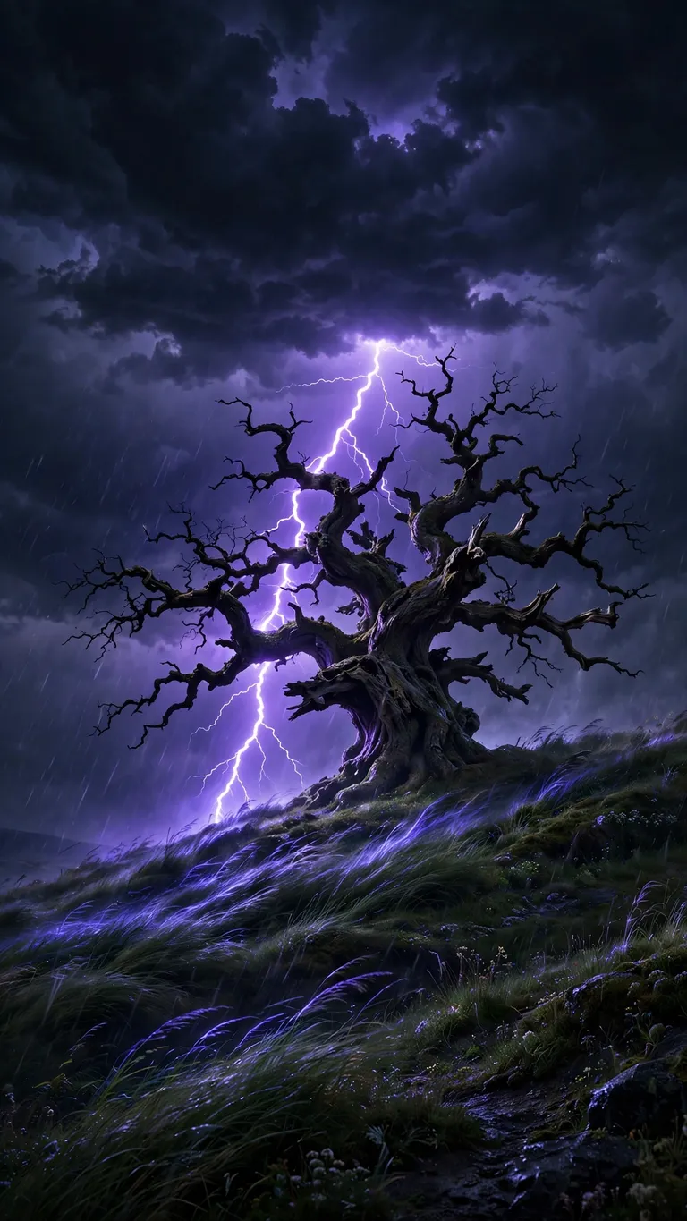 Ancient oak tree struck by violet lightning on a stormy hill, dark wallpaper