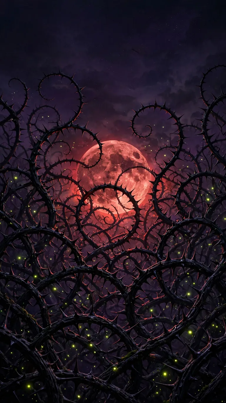 Black thorn vines coiling under a crimson harvest moon with fireflies, dark wallpaper