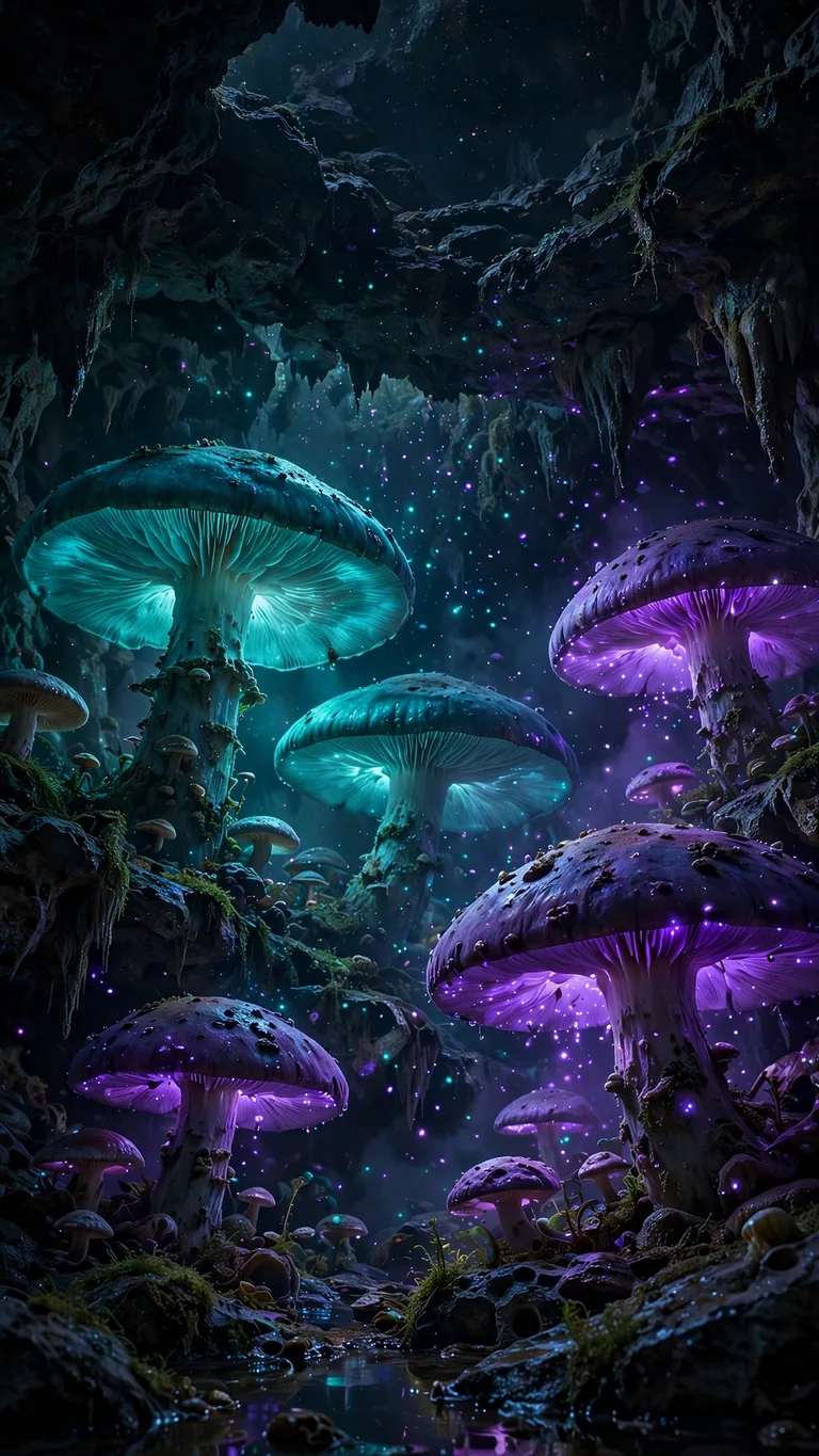 Giant glowing teal and violet mushrooms in a dark cavern with drifting spores, vertical dark wallpaper