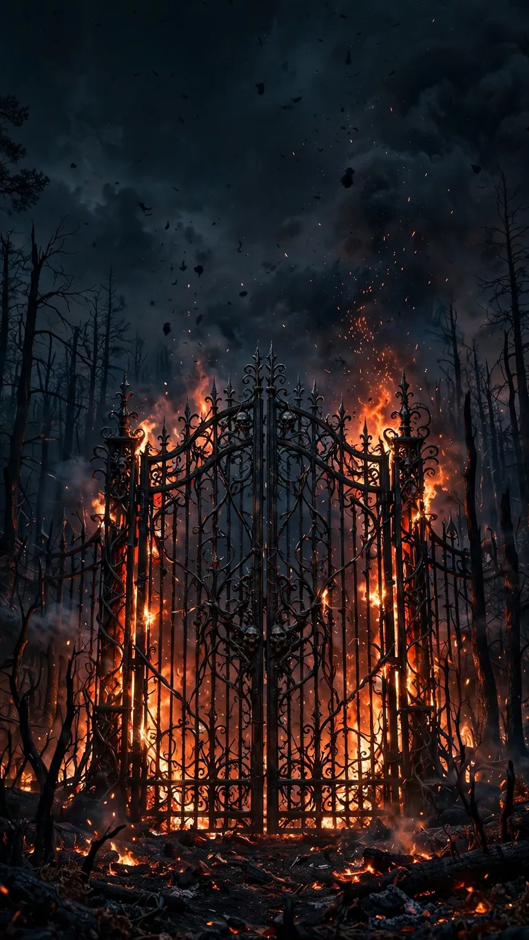 Burning wrought-iron gates in a charred dead forest with rising embers, vertical dark wallpaper