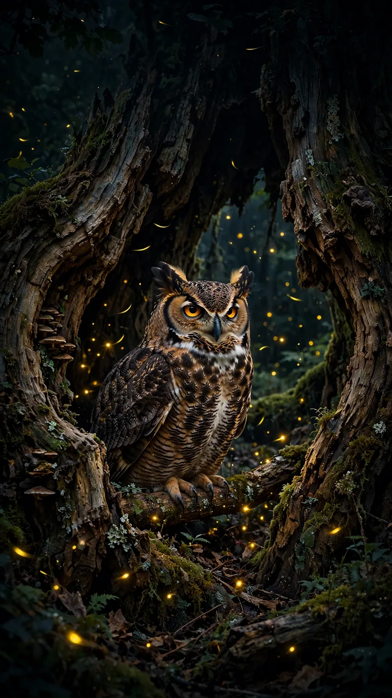 Great horned owl with glowing amber eyes inside a hollow tree with fireflies, vertical dark wallpaper