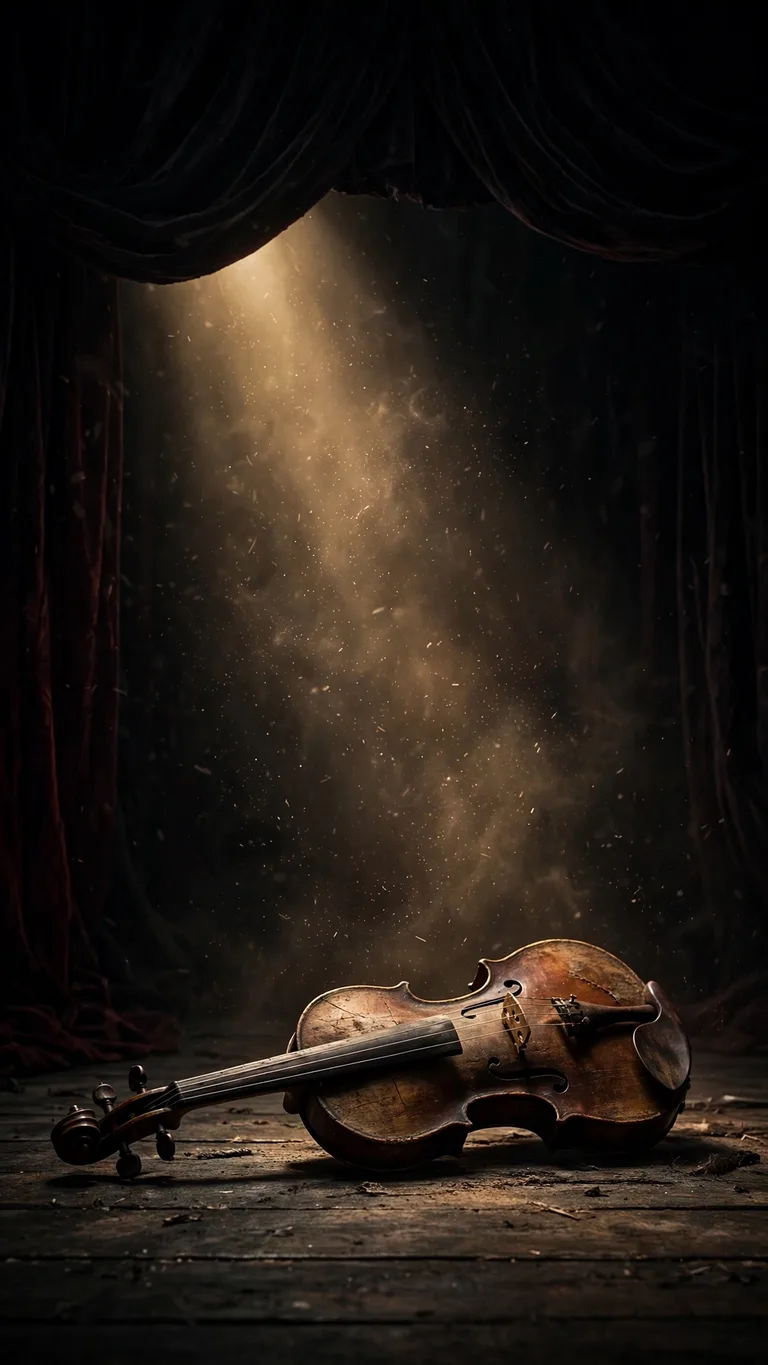 Old violin on a dark theatre stage under a single spotlight beam, vertical dark wallpaper