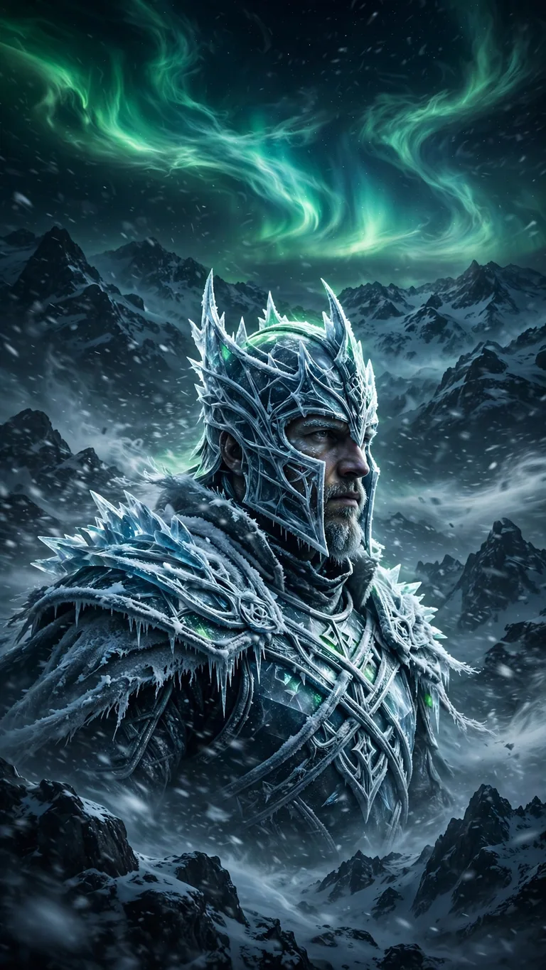 Frozen warrior in ice armor under a green aurora in a blizzard, vertical dark wallpaper