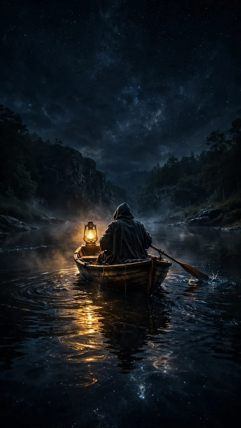 Hooded figure rowing a lantern-lit boat on a black river mirroring stars, vertical dark wallpaper