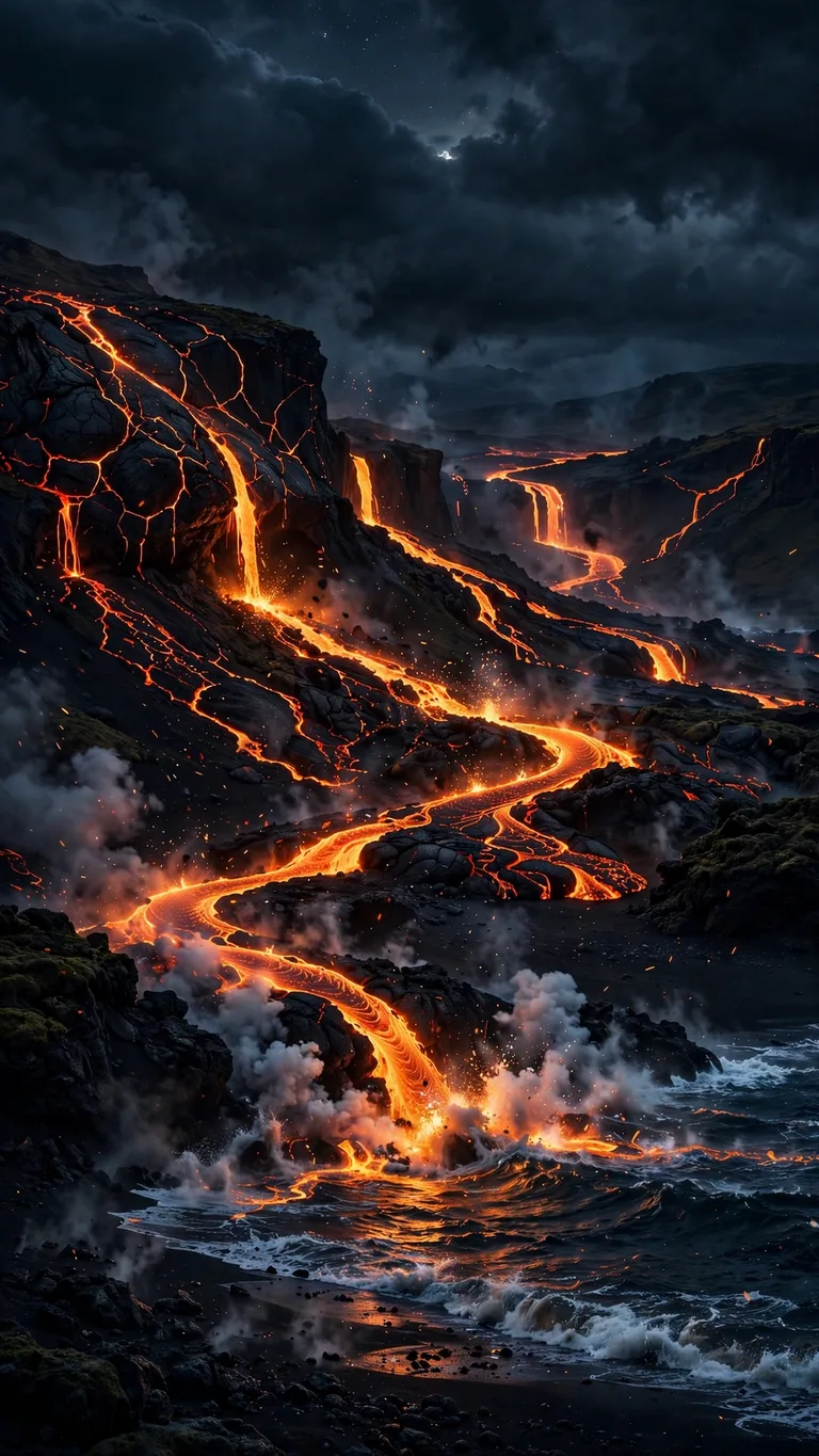 Molten lava rivers flowing into the night ocean on a volcanic black beach, vertical dark wallpaper