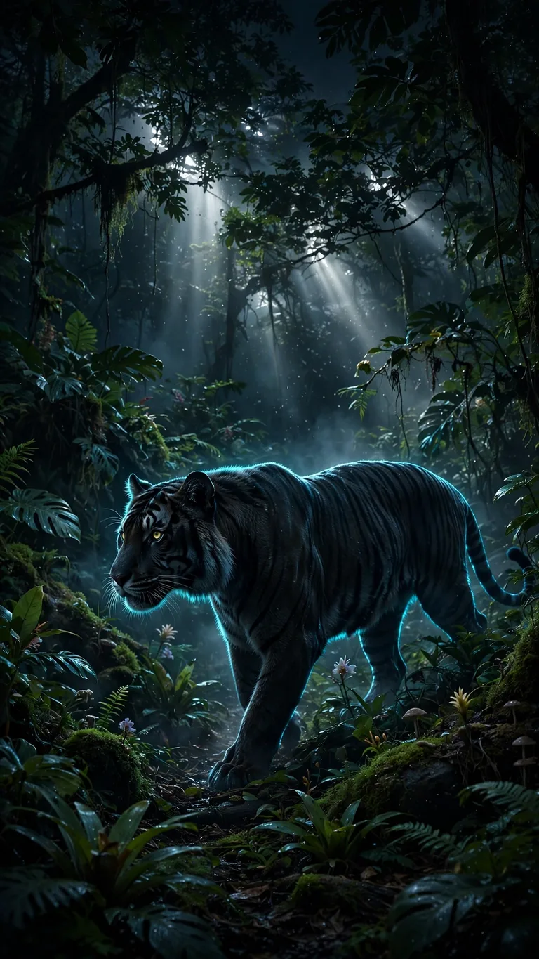 Black tiger with cyan rim light stalking through a moonlit jungle, vertical dark wallpaper