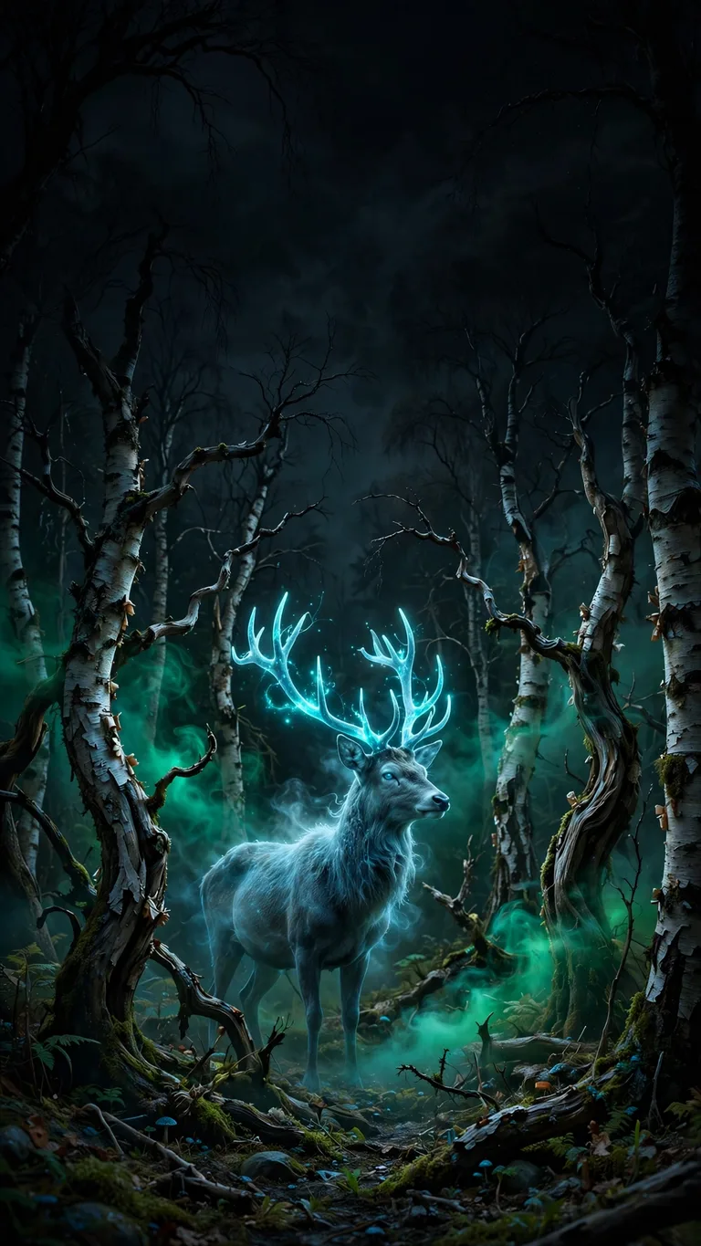 Spectral stag with glowing cyan antlers in a dark birch grove with green mist, vertical dark wallpaper