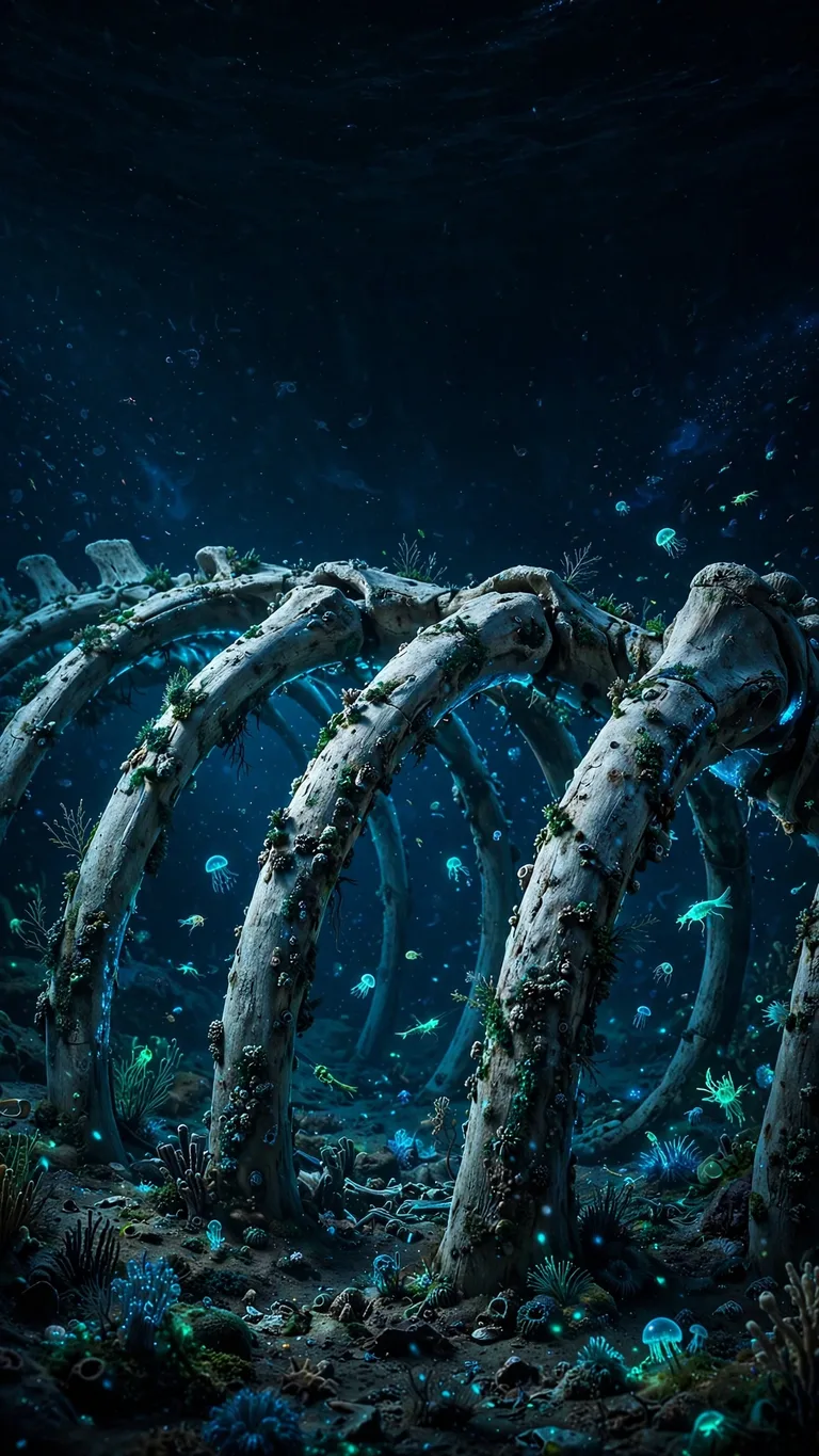 Ancient whale bone arches on a dark seabed in blue bioluminescent glow, vertical dark wallpaper