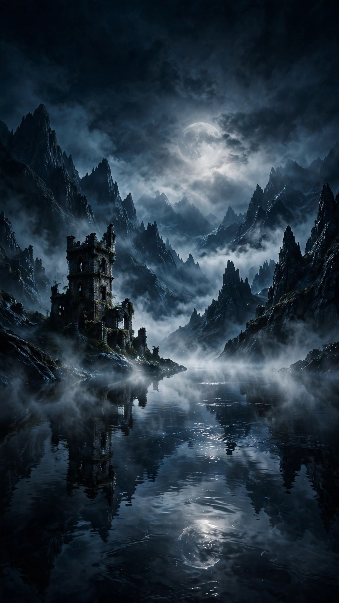 Black wolf with amber glowing eyes on a rocky ridge under swirling crimson aurora, dark wallpaper