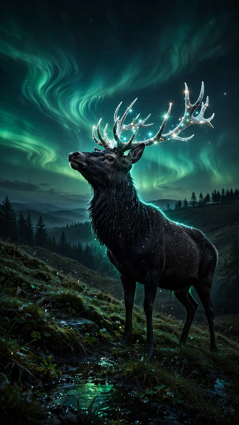 Black stag with starlit antlers under the northern lights at night, dark vertical wallpaper