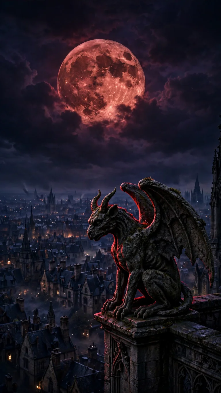 Stone gargoyle on a gothic rooftop beneath a giant crimson moon at night, dark vertical wallpaper
