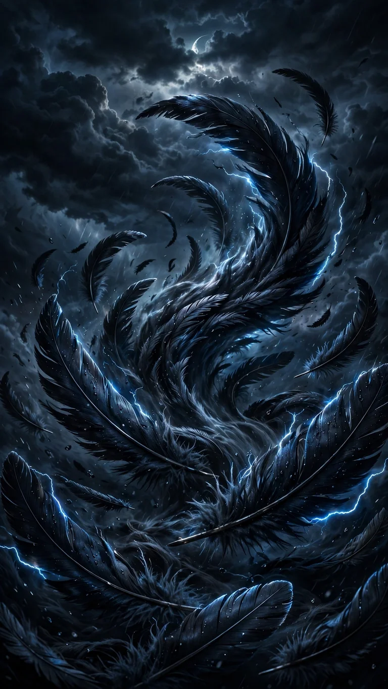 Black crow feathers swirling in a midnight lightning storm, dark vertical wallpaper